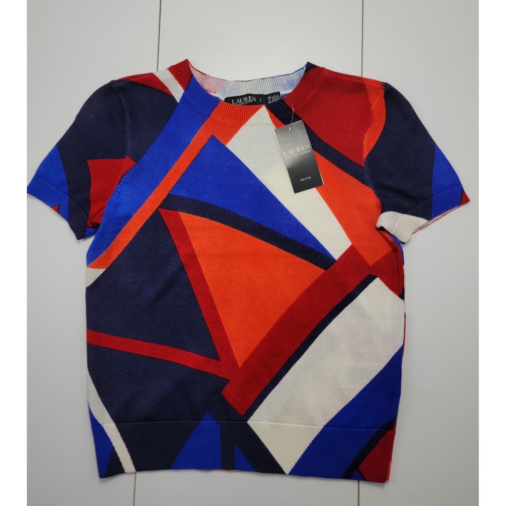 Lauren Ralph Lauren Womens Size Petite S Sweater Abstract Geometric Red Blue NWT